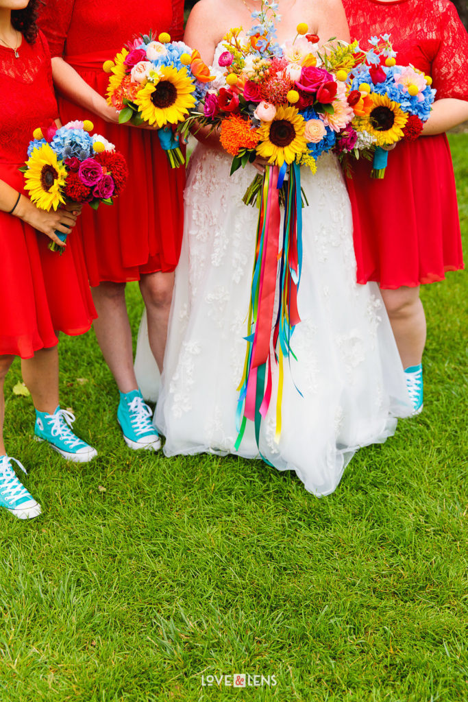 Seasonal highlight featuring short bridesmaid's dresses and bright colors. 